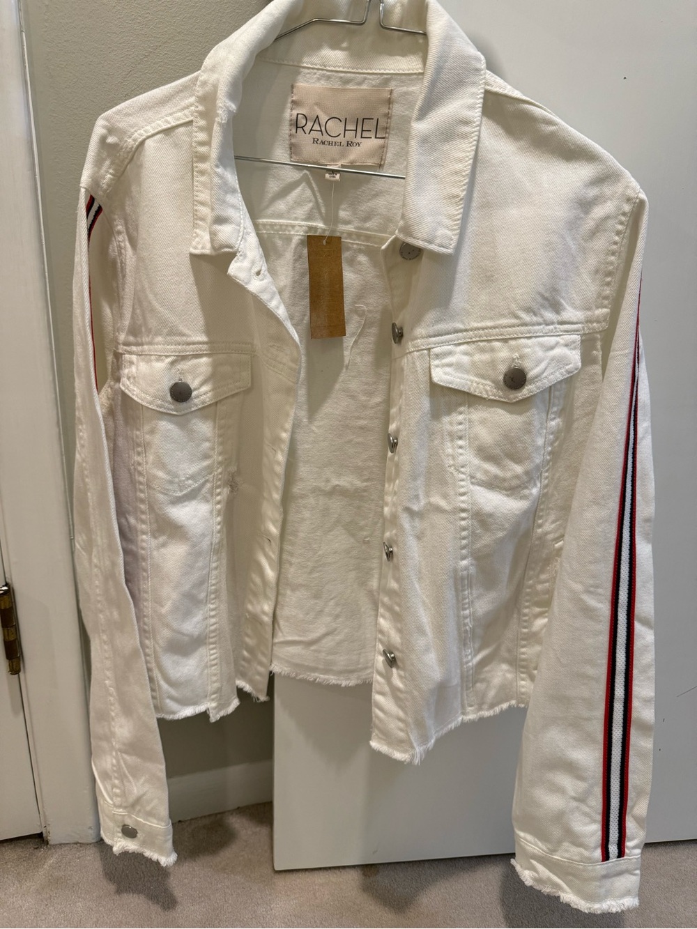 NWT RACHEL Rachel Roy White Denim Jacket with Red & Blue Sleeve Stripes